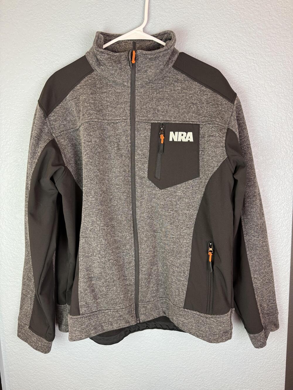 NRA Jacket Mens Large Gray Black Full Zip Outdoor Softshell Fleece Pockets Warm